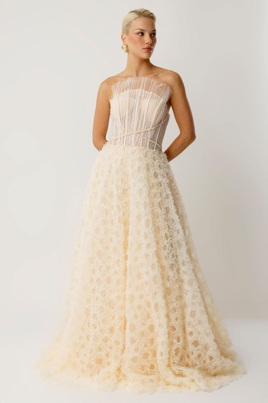 Luna Flower Ecru Textured Princess Evening Dress