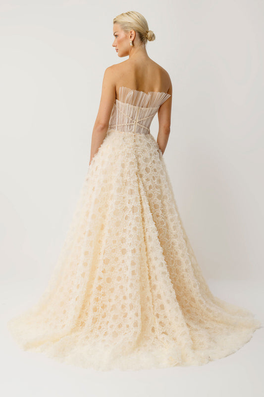 Luna Flower Ecru Textured Princess Evening Dress