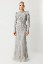 Load image into Gallery viewer, Platinum Sparkle Embellished Silver Hijab Evening Dress