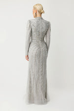 Load image into Gallery viewer, Platinum Sparkle Embellished Silver Hijab Evening Dress
