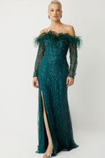 Load image into Gallery viewer, Strapless Evening Dress with Feather Details, Beads and Sequins