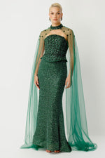 Load image into Gallery viewer, Valeria Cape Embroidered Emerald Long Evening Gown
