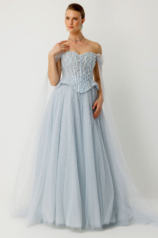 Ay Işığı Yansımaları Taş İşlemeli Tül Katmanlı Gala Elbisesi