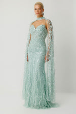 Resmi Galeri görüntüleyiciye yükleyin, Royal Sage Choker Yaka Işıltılı Transparan Pelerinli Gece Elbisesi