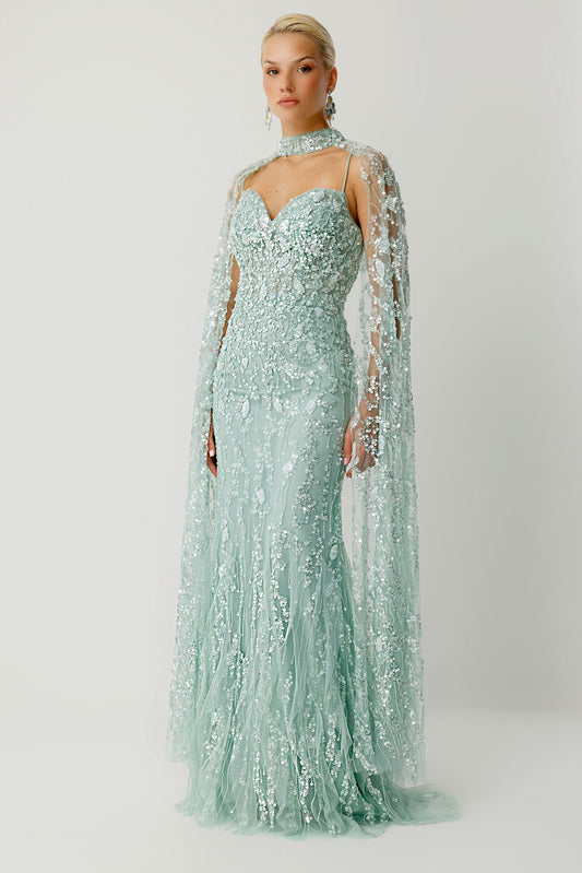 Royal Sage Choker Yaka Işıltılı Transparan Pelerinli Gece Elbisesi