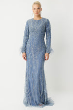 Load image into Gallery viewer, Feather-Detailed Embroidered Blue Hijab Evening Dress