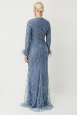 Load image into Gallery viewer, Feather-Detailed Embroidered Blue Hijab Evening Dress