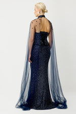 Load image into Gallery viewer, Valeria Embroidered Navy Blue Long Evening Dress with Cape