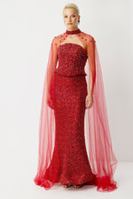 Load image into Gallery viewer, Valeria Red Embroidered Long Evening Dress with Cape
