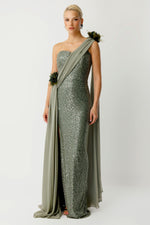 Load image into Gallery viewer, Asymmetrical Silhouette Cape Detail Evening Dress