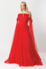 Load image into Gallery viewer, Cape Flowing Strapless Couture Red Evening Gown
