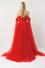 Load image into Gallery viewer, Cape Flowing Strapless Couture Red Evening Gown