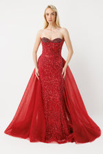 Load image into Gallery viewer, Gala Elegance: Strapless Red Evening Dress with Cape