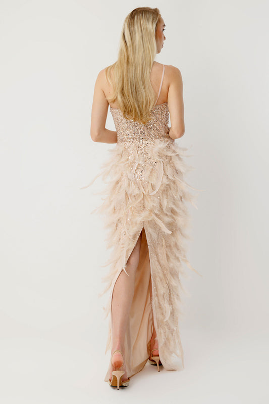 Ice Feather Couture Derin Dekolteli Taş İşlemeli Uzun Gece Elbisesi