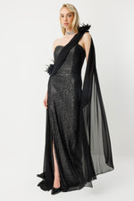 Load image into Gallery viewer, Asymmetrical Silhouette Cape Detail Evening Dress