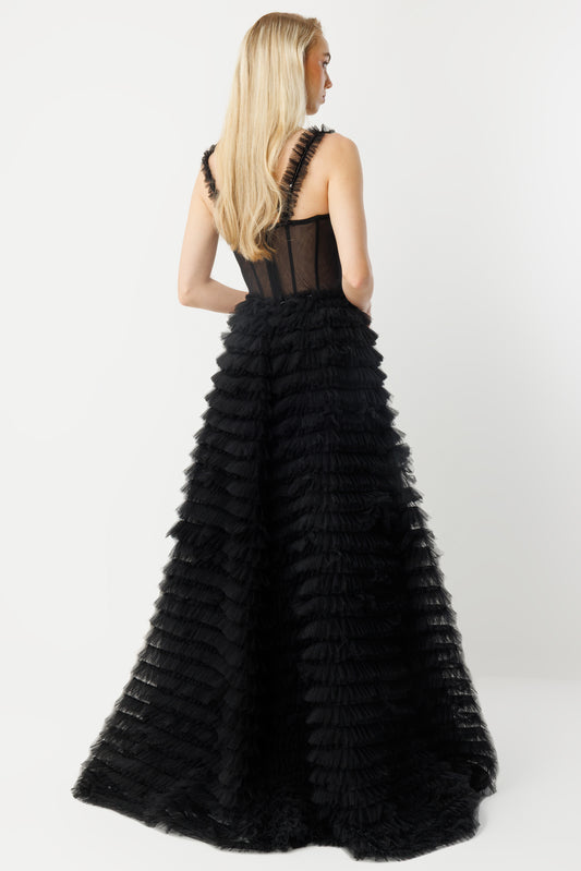 Noir Elegance Kat Kat Volanlı Couture Uzun Abiye Elbise