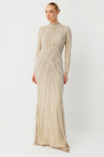 Resmi Galeri görüntüleyiciye yükleyin, Tül Üzeri Zigzag İşlemeli Bej Tesettür Abiye Elbise