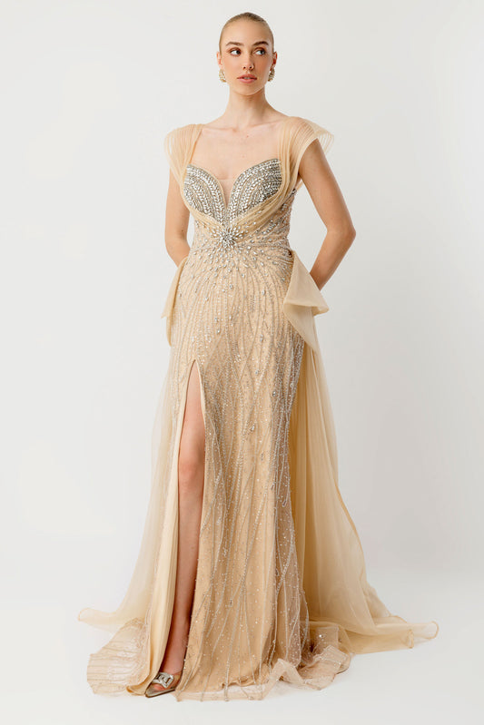 Champagne Shimmer Slit Haute Couture Evening Gown