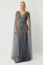 Load image into Gallery viewer, V-Neck Cape Dress with Sleeve Detail and Anthracite Stone Embellishments, Plus Size Evening Gown