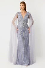 Load image into Gallery viewer, V-Neck Cape Dress with Sleeve Detail, Lavender Embellished, Plus Size Evening Dress