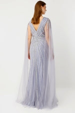 Load image into Gallery viewer, V-Neck Cape Dress with Sleeve Detail, Lavender Embellished, Plus Size Evening Dress