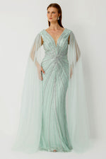 Load image into Gallery viewer, V-Neck Cape Dress with Sleeve Detail, Mint Stone Embellished, Plus Size Evening Dress
