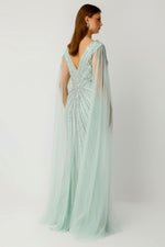 Load image into Gallery viewer, V-Neck Cape Dress with Sleeve Detail, Mint Stone Embellished, Plus Size Evening Dress