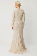Load image into Gallery viewer, Beige Hijab Evening Dress with Feather Details and Embroidery