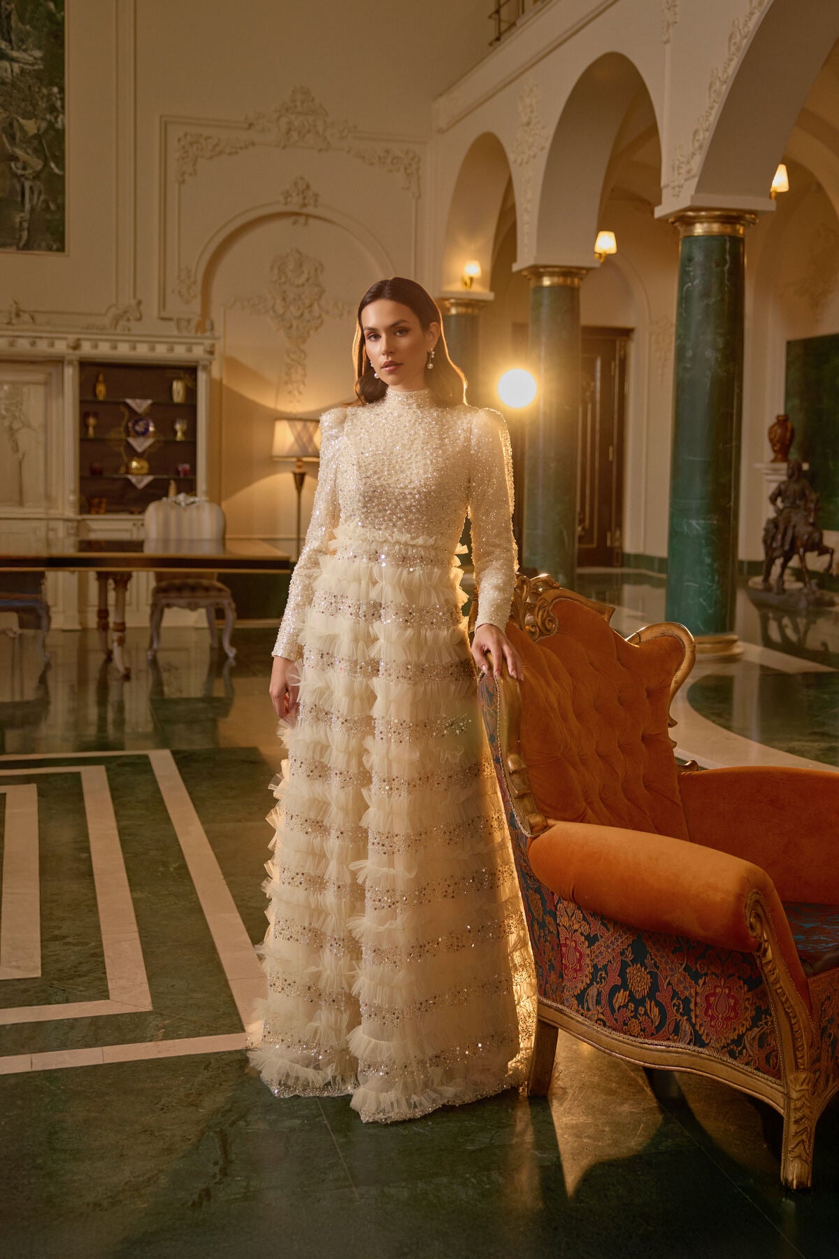 Layered Hijab Evening Dress with Beaded and Tulle Fabric Pieces Tiara Layered Hijab Evening Dress with Beaded and Tulle Fabric Pieces Tiara