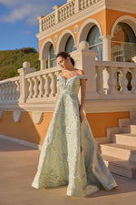 Load image into Gallery viewer, Evening Dress with Fine Jacquard Patterned Fabric, Flowers and Beads