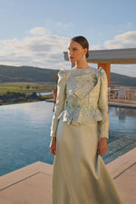 تحميل الصورة في عارض المعرض، فستان سهرة محتشم بقماش جاكار وتنورة ساتان