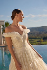 Load image into Gallery viewer, Pearl Embroidered Layered Tulle Evening Dress