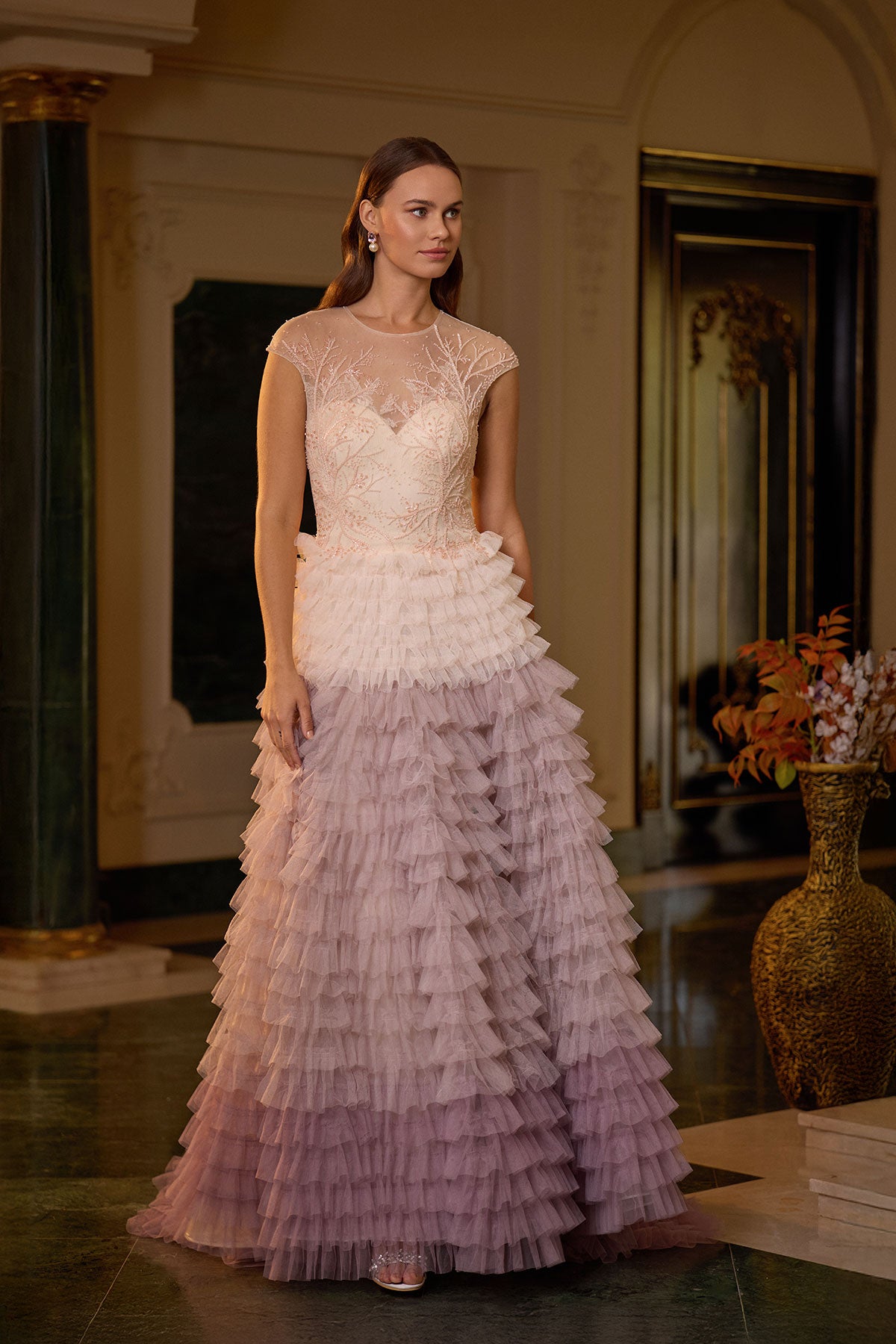 Elegant Layered Tulle Embroidered Lavender Evening Dress  Tiara