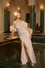 Load image into Gallery viewer, Feather Detailed and Stone Embroidered Slit Evening Dress