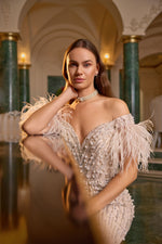 Load image into Gallery viewer, Feather Detailed and Stone Embroidered Slit Evening Dress