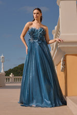 Load image into Gallery viewer, Strapless Evening Dress with Pleated Skirt Detail