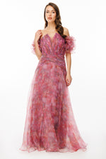 تحميل الصورة في عارض المعرض، فستان سهرة بدون حمالات بفتحة رقبة على شكل حرف V من قماش التول المزخرف