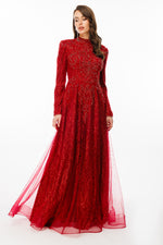 Resmi Galeri görüntüleyiciye yükleyin, Işıltılı İşlemeli Hakim Yaka Uzun Kollu Tesettür Abiye Elbise