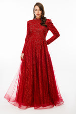 Resmi Galeri görüntüleyiciye yükleyin, Işıltılı İşlemeli Hakim Yaka Uzun Kollu Tesettür Abiye Elbise