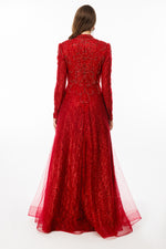 Resmi Galeri görüntüleyiciye yükleyin, Işıltılı İşlemeli Hakim Yaka Uzun Kollu Tesettür Abiye Elbise