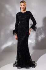 تحميل الصورة في عارض المعرض، فستان سهرة أنيق بتفاصيل ريش مطرز