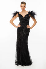 Load image into Gallery viewer, Feather Detailed and Stone Embroidered Slit Evening Dress