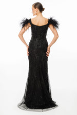 Load image into Gallery viewer, Feather Detailed and Stone Embroidered Slit Evening Dress