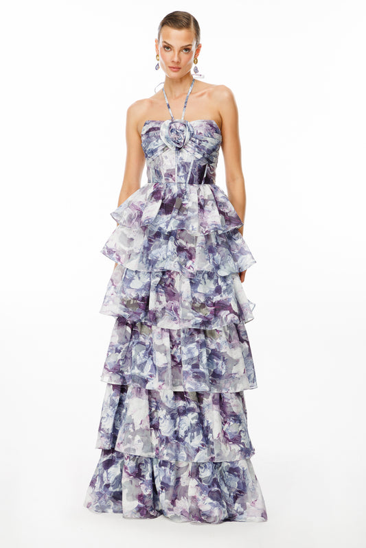 Strapless Evening Dress with Layered Flounce and Floral Pattern