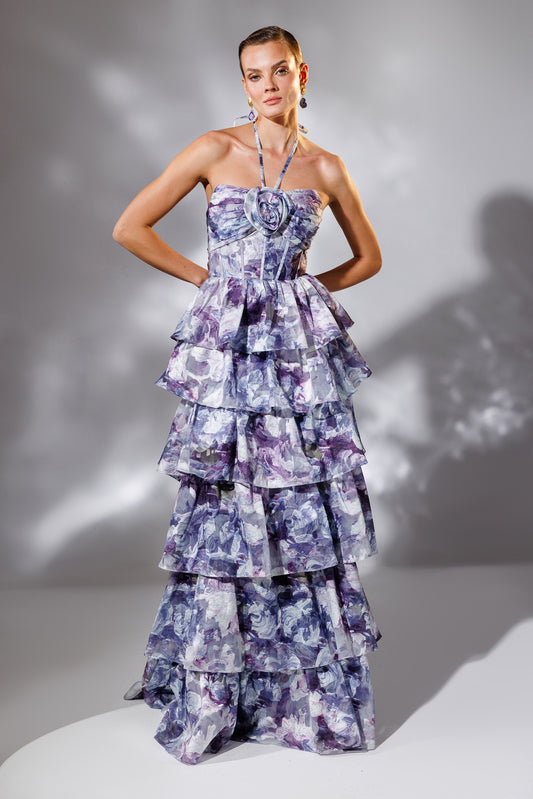 Strapless Evening Dress with Layered Flounce and Floral Pattern