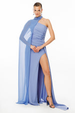 Load image into Gallery viewer, One-shoulder and embroidered evening dress with cape detail at the neck