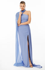 Load image into Gallery viewer, One-shoulder and embroidered evening dress with cape detail at the neck