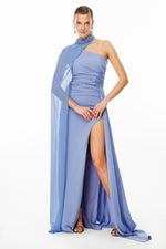 Load image into Gallery viewer, One-shoulder and embroidered evening dress with cape detail at the neck