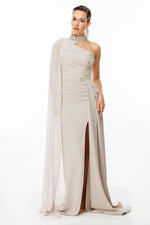 Load image into Gallery viewer, One-shoulder and embroidered evening dress with cape detail at the neck