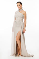 Load image into Gallery viewer, One-shoulder and embroidered evening dress with cape detail at the neck